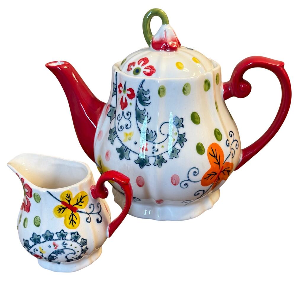 Pier 1 Imports Teapot + Creamer Paisley Flowers Stoneware Handpainted Red White